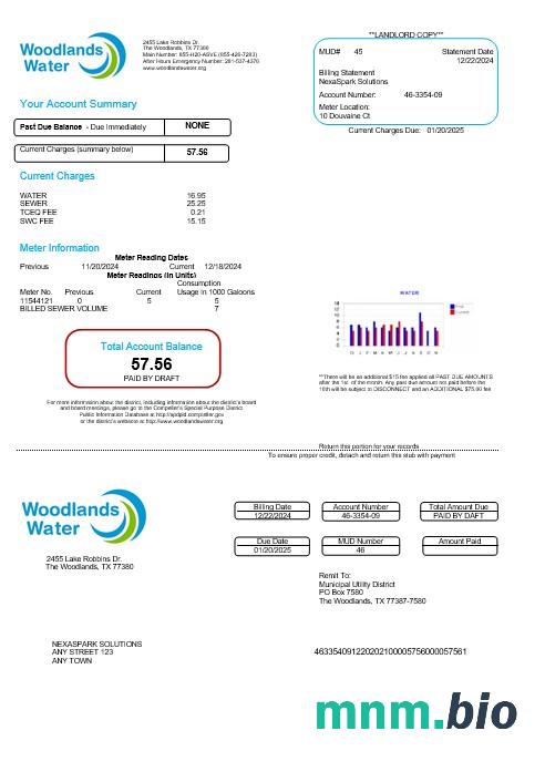 USA Woodlands water rachunek za usługi komunalne Word i szablon PDF